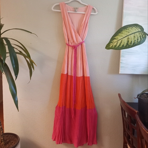 Flying Tomato Deep V Neck Flowy Silky Pastel Peach, Deep Coral, Hot Pink Maxi - Picture 2 of 6